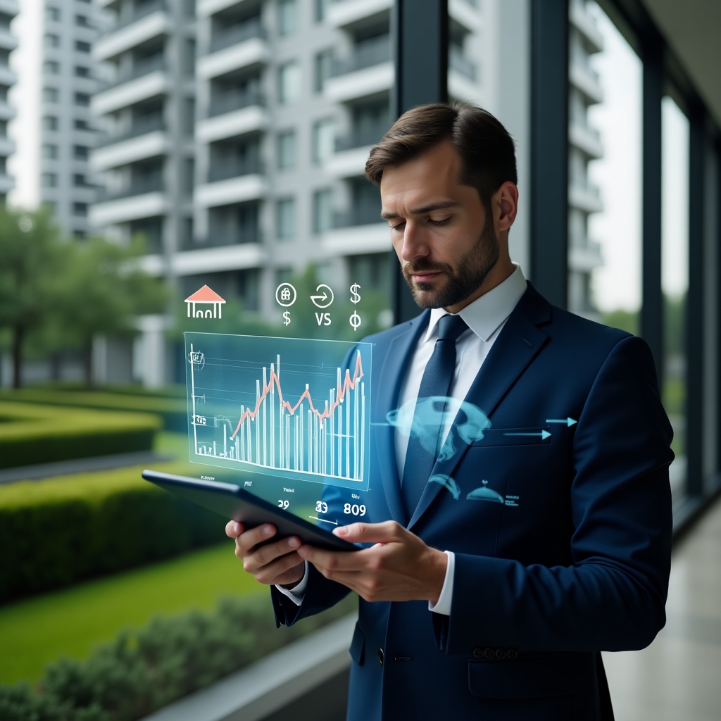 Ultra-realistic condominium manager in a tailored navy suit, set in a modern luxury condominium environment with high-rise buildings and meticulously maintained green landscaping, confidently analyzing a holographic financial chart projected from a tablet, with floating cost-saving icons and budget optimization symbols, cinematic lighting, shallow depth of field, highly detailed textures, realistic skin, photographic realism, 8k resolution --ar 1:1 --v 6