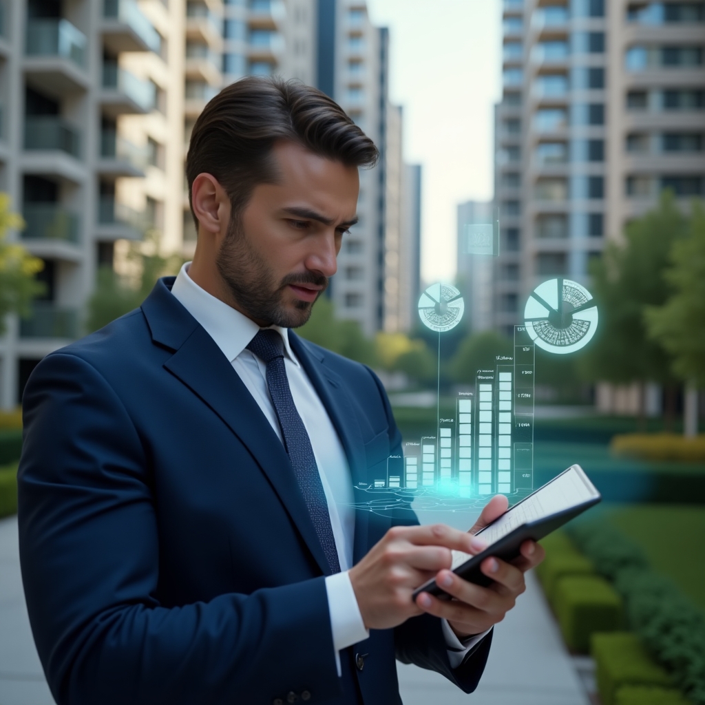 Ultra-realistic condominium manager in a navy blue suit, set in a modern luxury condominium environment with high-rise buildings and green landscaping, medium shot of a confident property manager analyzing financial data on a tablet, with holographic expense charts and pie graphs floating above the device, cinematic lighting, shallow depth of field, highly detailed textures, realistic skin, photographic realism, 8k resolution --ar 1:1 --v 6