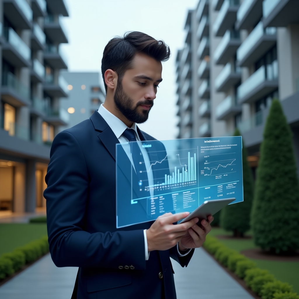 Ultra-realistic condominium manager in a navy blue suit, set in a modern luxury condominium environment with glass high-rise buildings and manicured green landscaping, analyzing a holographic financial dashboard showing expense charts and budget breakdown, holding a tablet with a glowing app icon, confident and focused expression, cinematic lighting, shallow depth of field, highly detailed textures, realistic skin, photographic realism, 8k resolution --ar 1:1 --v 6
