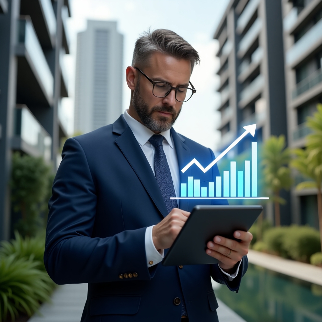 Ultra-realistic condominium manager in a navy-blue suit, set in a modern luxury condominium environment with high-rise buildings and lush green landscaping, holding a digital tablet displaying a holographic cost-saving chart, analyzing financial data with a confident expression, featuring a floating downward-trending bar graph icon symbolizing expense reduction, cinematic lighting, shallow depth of field, highly detailed textures, realistic skin, photographic realism, 8k resolution --ar 1:1 --v 6