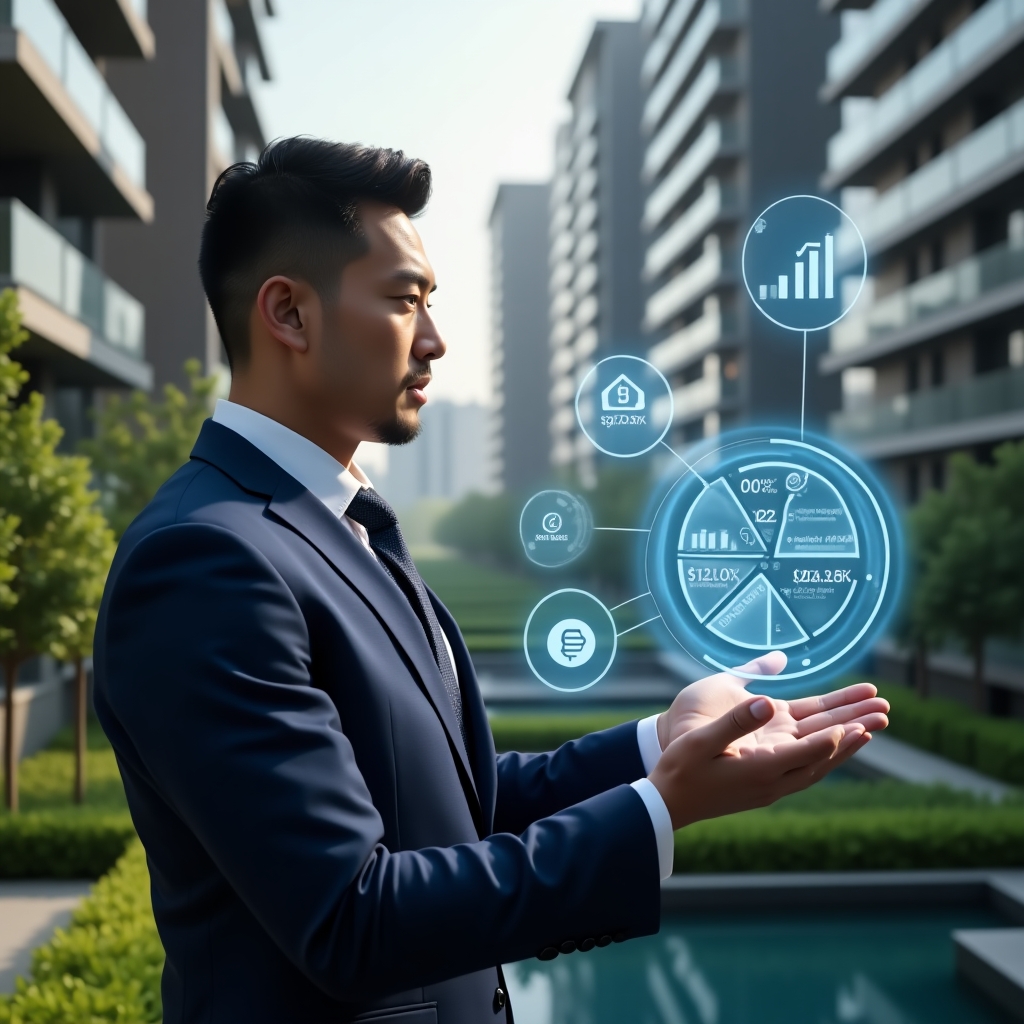 Ultra-realistic condominium manager in a sleek navy blue executive suit, set in a modern luxury condominium environment with high-rise buildings and manicured green landscaping, holding and interacting with a holographic three-part pie chart representing intelligent funding strategies for extraordinary expenses, confident and thoughtful expression, symbolic floating icons of coins, blueprints, and a handshake, cinematic lighting, shallow depth of field, highly detailed textures, realistic skin, photographic realism, 8k resolution --ar 1:1 --v 6
