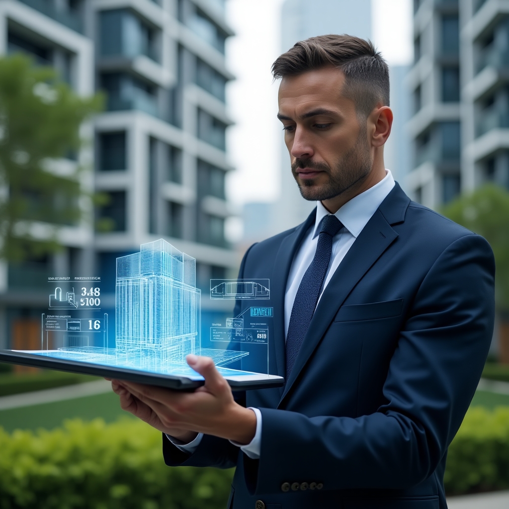 Ultra-realistic property manager in a navy blue tailored suit, set in a modern luxury condominium environment with high-rise buildings and lush green landscaping, reviewing a digital tablet displaying a holographic building blueprint with budget figures and approval stamps, confident and focused expression, cinematic lighting, shallow depth of field, highly detailed textures, realistic skin, photographic realism, 8k resolution --ar 1:1 --v 6