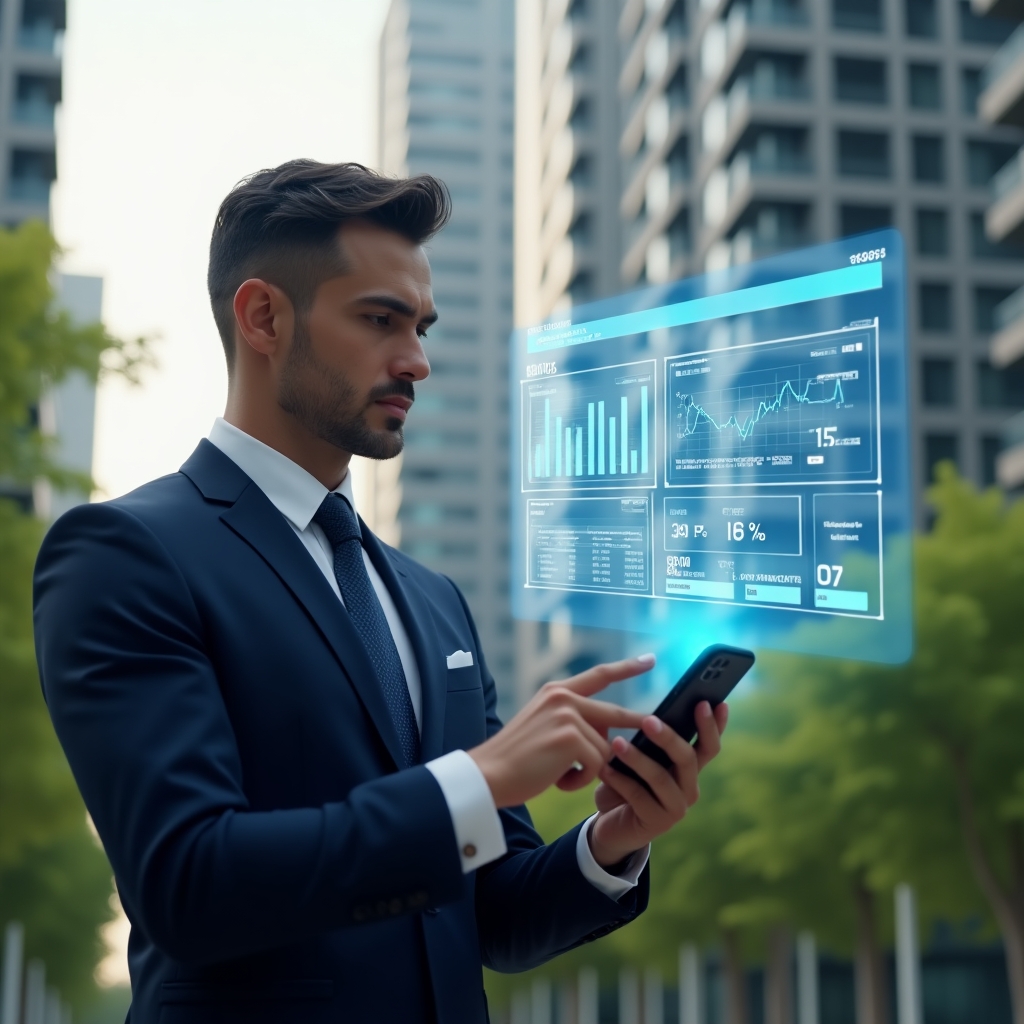 Ultra-realistic condominium manager in a navy suit, set in a modern luxury condominium environment with high-rise buildings and lush green landscaping, mid shot of a confident professional analyzing a floating holographic financial dashboard split into ordinary and extraordinary expense categories, holding a smartphone projecting an app interface icon, cinematic lighting, shallow depth of field, highly detailed textures, realistic skin, photographic realism, 8k resolution --ar 1:1 --v 6