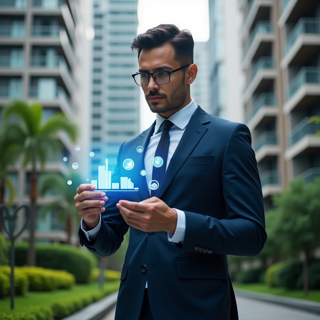Ultra-realistic condominium manager in a navy tailored suit, set in a modern luxury condominium environment with high-rise buildings and lush green landscaping, medium shot of a confident manager analyzing a holographic split chart labeled “ordinary expenses” and “extraordinary expenses,” with floating icons of coins and a wrench, cinematic lighting, shallow depth of field, highly detailed textures, realistic skin, photographic realism, 8k resolution --ar 1:1 --v 6