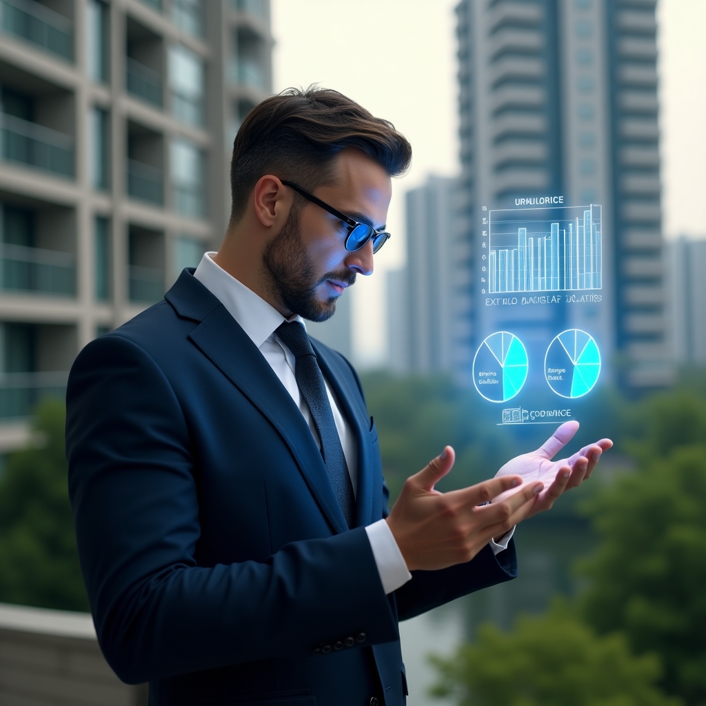Ultra-realistic condominium manager in a tailored navy suit, set in a modern luxury condominium environment with high-rise buildings and lush green landscaping, examining a floating holographic financial chart that contrasts ordinary and extraordinary expenses, focused expression, holographic pie charts and calculator icons beside him, cinematic lighting, shallow depth of field, highly detailed textures, realistic skin, photographic realism, 8k resolution --ar 1:1 --v 6