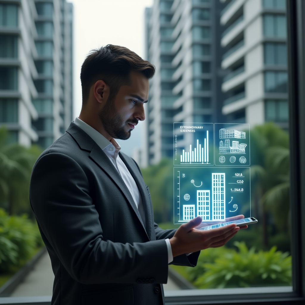 (Ultra-realistic condominium manager in a dark gray tailored suit, set in a modern luxury condominium environment with high-rise buildings and lush green landscaping, mid-shot of a confident professional reviewing holographic budget charts labeled “Ordinary vs Extraordinary Expenses” projected above a tablet, floating icons of coins and building blueprints symbolizing financial planning, cinematic lighting, shallow depth of field, highly detailed textures, realistic skin, photographic realism, 8k resolution --ar 1:1 --v 6)