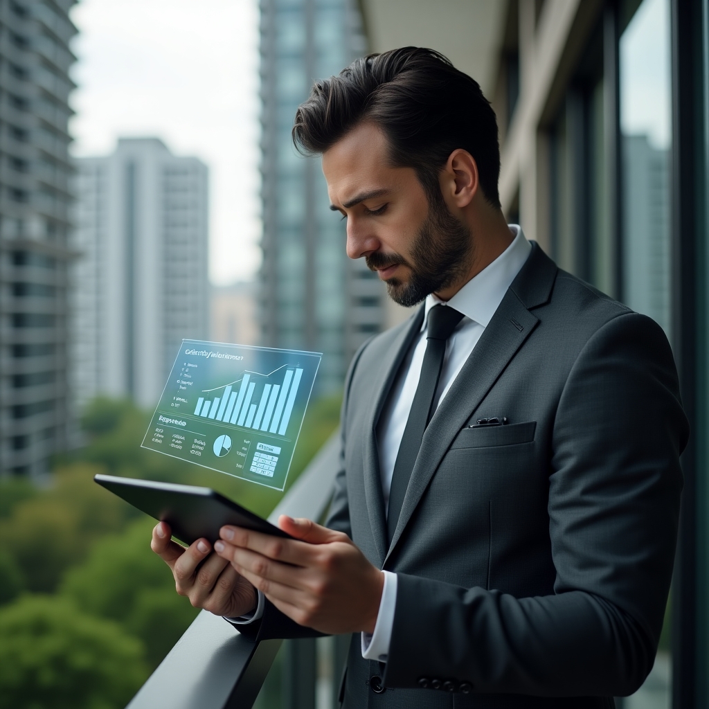 Ultra-realistic condominium manager in a dark gray tailored suit, set in a modern luxury condominium environment with high-rise buildings and lush green landscaping, medium close-up of the manager analyzing a tablet displaying holographic pie charts and bar graphs comparing ordinary vs extraordinary expenses, floating icons of invoices and calculator symbols beside them, confident and thoughtful expression, cinematic lighting, shallow depth of field, highly detailed textures, realistic skin, photographic realism, 8k resolution --ar 1:1 --v 6