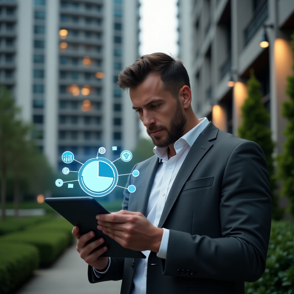 (Ultra-realistic condominium manager in a charcoal gray suit, set in a modern luxury condominium environment with high-rise buildings and manicured green gardens, studying a digital tablet with a holographic split pie chart highlighting ordinary vs. extraordinary expenses, serious and focused expression, floating budget icons and graphs, cinematic lighting, shallow depth of field, highly detailed textures, realistic skin, photographic realism, 8k resolution --ar 1:1 --v 6)
