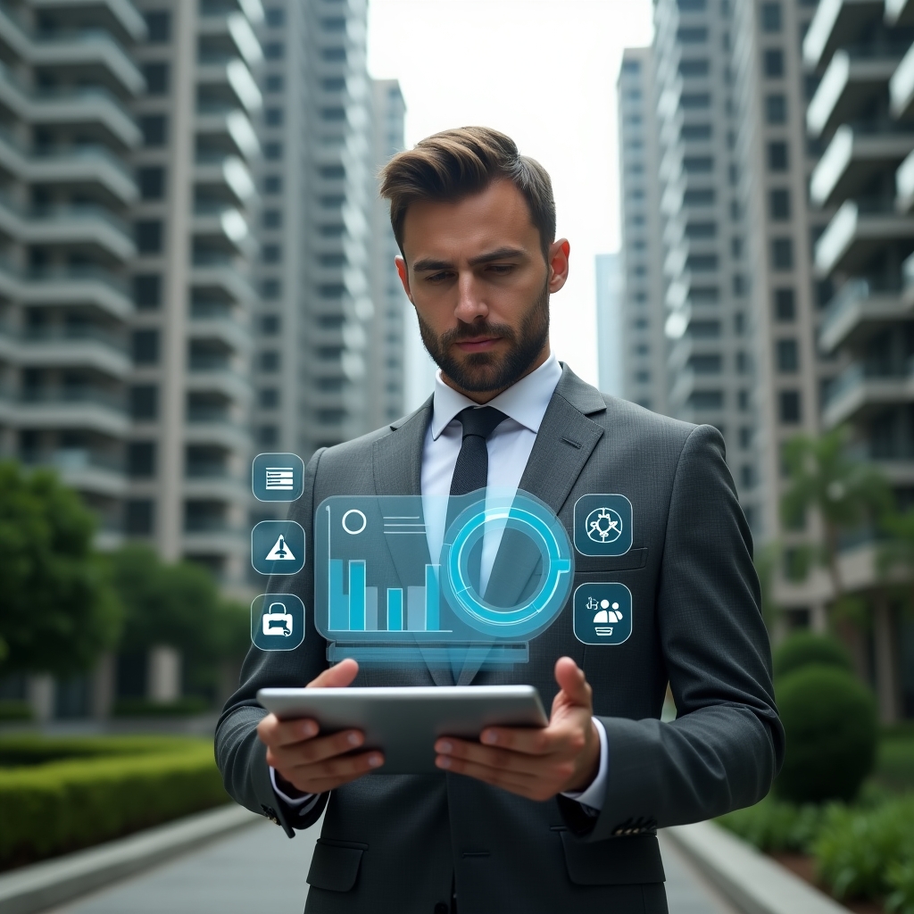 (Ultra-realistic condominium manager in a charcoal grey suit, set in a modern luxury condominium environment with high-rise buildings and manicured green landscaping, holding a tablet projecting a holographic split-screen with a pie chart of ordinary expenses on one side and a gear icon symbolizing extraordinary repairs on the other, surrounded by floating finance dashboard icons and emergency alert symbols, confident and focused expression, cinematic lighting, shallow depth of field, highly detailed textures, realistic skin, photographic realism, 8k resolution --ar 1:1 --v 6)
