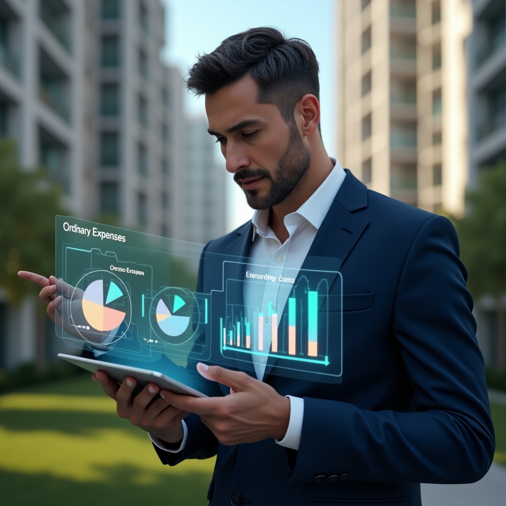 (Ultra-realistic condo manager in a navy blue suit, set in a modern luxury condominium environment with high-rise buildings and lush green landscaping, holding a tablet displaying colorful financial graphs and pointing at holographic pie charts labeled “Ordinary Expenses” and “Extraordinary Expenses”, confident and thoughtful expression, cinematic lighting, shallow depth of field, highly detailed textures, realistic skin, photographic realism, 8k resolution --ar 1:1 --v 6)