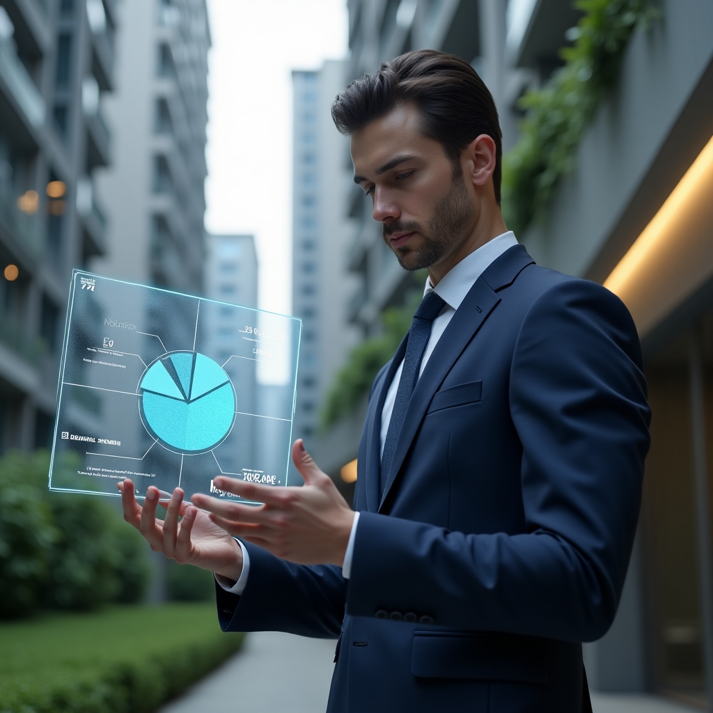 Ultra-realistic condominium manager in a navy suit, set in a modern luxury condominium environment with high-rise buildings and green landscaping, examining a floating holographic pie chart dividing routine and extraordinary expenses, confident and focused expression, cinematic lighting, shallow depth of field, highly detailed textures, realistic skin, photographic realism, 8k resolution --ar 1:1 --v 6