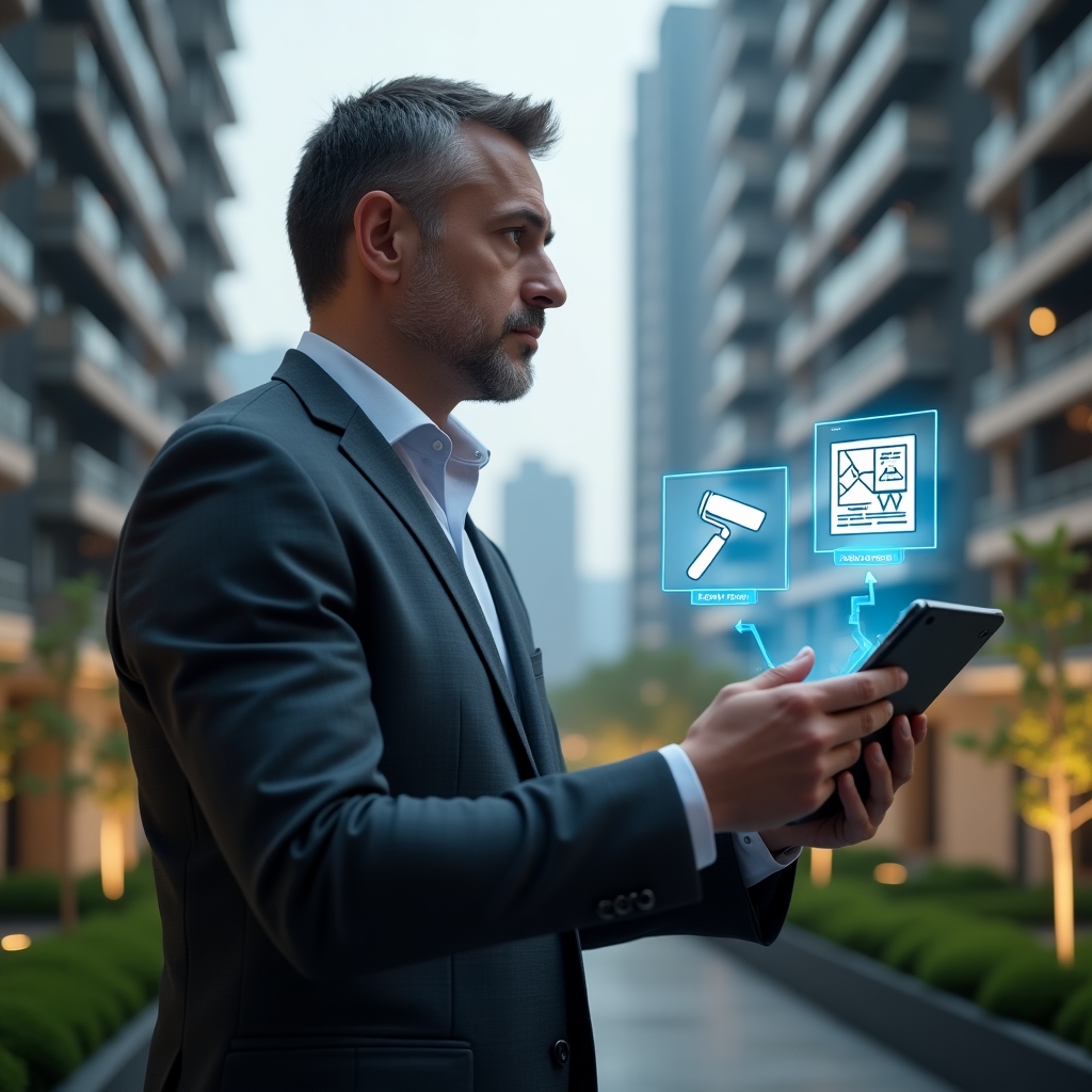 (Ultra-realistic property manager in a dark gray suit, set in a modern luxury condominium environment with high-rise buildings and green landscaping, holding a tablet projecting holographic icons of a wrench and paint roller for ordinary expenses on one side and a hammer and blueprint for extraordinary expenses on the other, standing confidently analyzing floating financial graphs, cinematic lighting, shallow depth of field, highly detailed textures, realistic skin, photographic realism, 8k resolution --ar 1:1 --v 6)