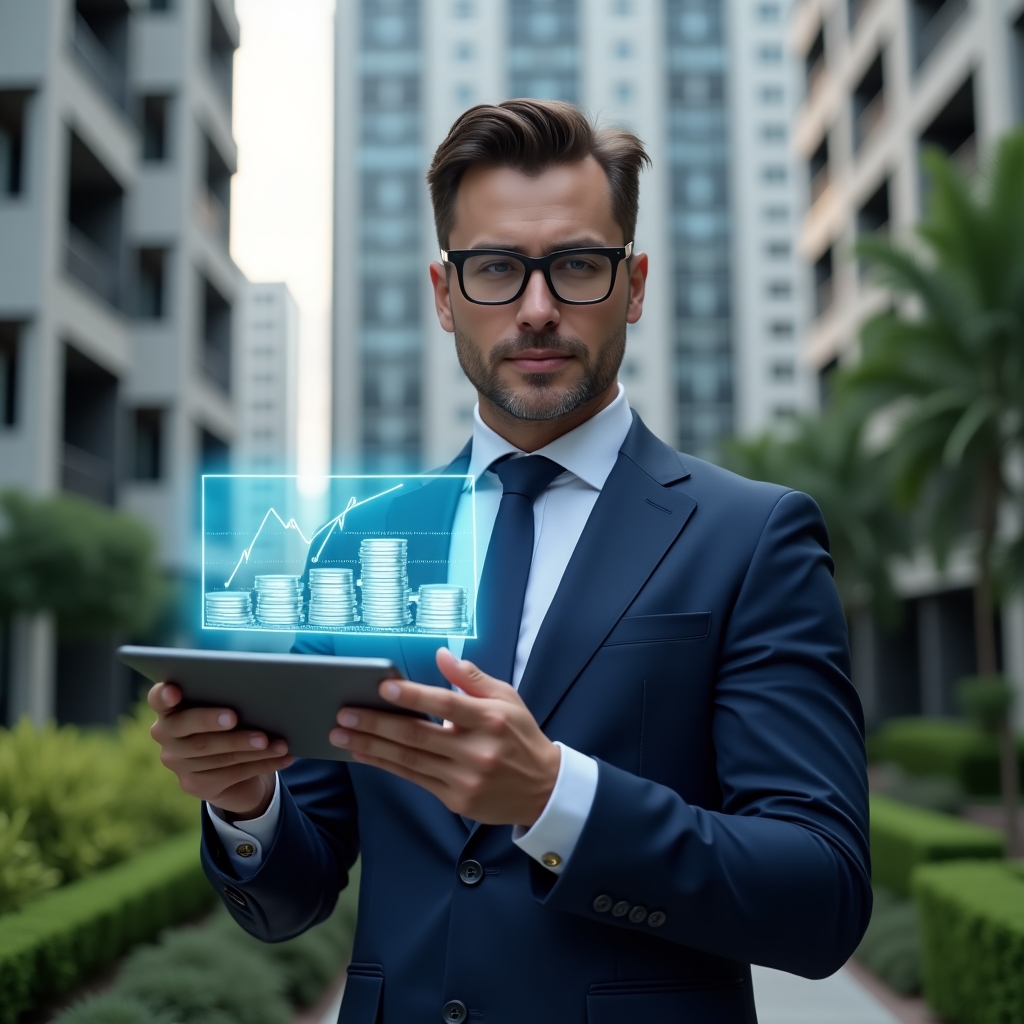 (Ultra-realistic condominium manager in a navy blue suit, set in a modern luxury condominium environment with high-rise buildings and well-kept green landscaping, mid-shot holding a digital tablet and gesturing at a holographic split-screen chart contrasting stacks of coins for ordinary expenses and a repair icon for extraordinary expenses, confident and analytical expression, cinematic lighting, shallow depth of field, highly detailed textures, realistic skin, photographic realism, 8k resolution --ar 1:1 --v 6)