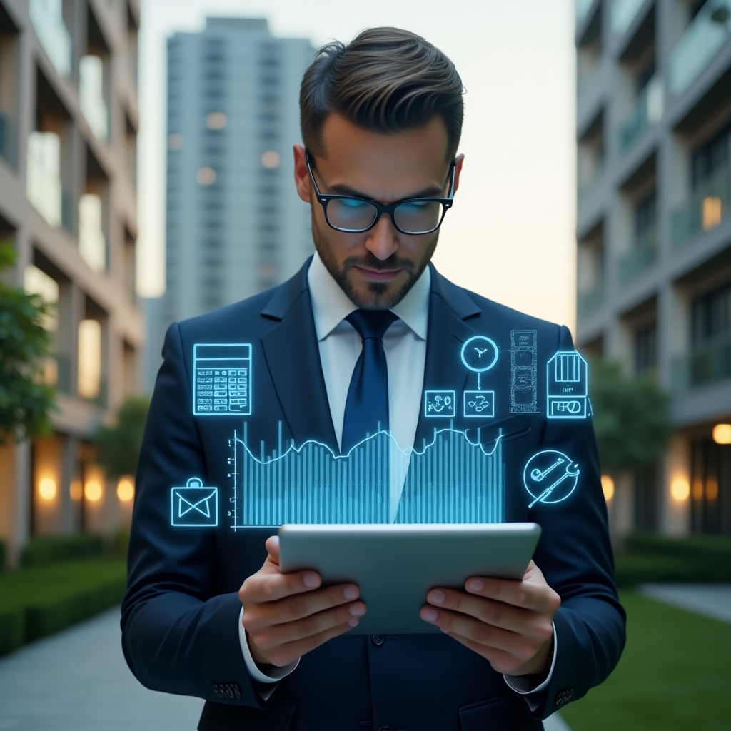 Ultra-realistic condominium manager in a navy-blue executive suit, set in a modern luxury condominium environment with high-rise buildings and lush green landscaping, holding a tablet displaying holographic charts comparing ordinary vs extraordinary expenses, confidently analyzing financial data with a thoughtful expression, floating icons of a calculator and a wrench symbolizing budgeting and repairs, cinematic lighting, shallow depth of field, highly detailed textures, realistic skin, photographic realism, 8k resolution --ar 1:1 --v 6