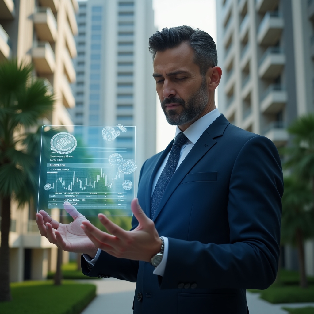 (Ultra-realistic condominium manager in a tailored navy suit, set in a modern luxury condominium environment with high-rise buildings and manicured green landscaping, mid-shot of the manager confidently analyzing a holographic split-screen ledger labeled “ordinary expenses” vs “extraordinary expenses,” with floating icons of coins and a wrench symbolizing maintenance, cinematic lighting, shallow depth of field, highly detailed textures, realistic skin, photographic realism, 8k resolution --ar 1:1 --v 6)