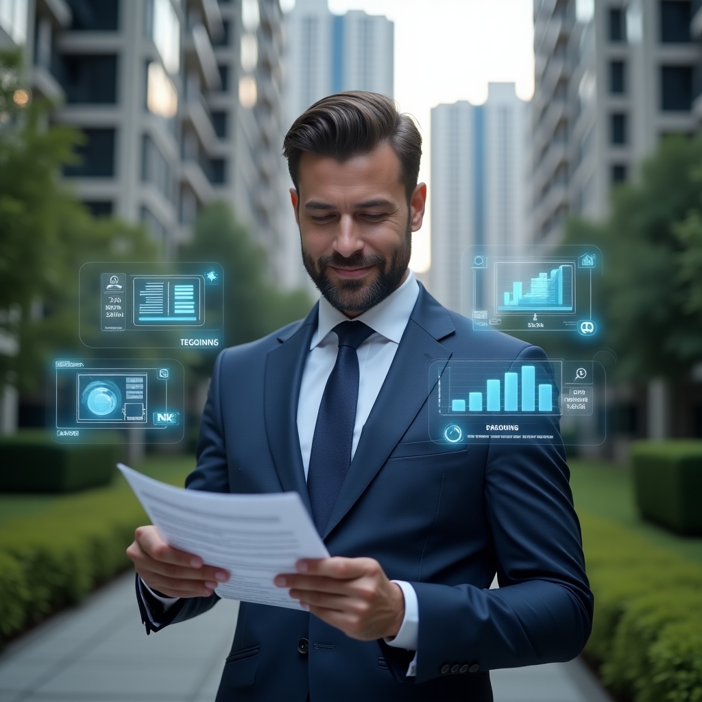 Ultra-realistic condominium manager in a navy blue suit, set in a modern luxury condominium environment with high-rise buildings and manicured green landscaping, medium close-up shot of a confident professional analyzing two financial reports—one labeled “ordinary expenses” and the other “extraordinary expenses”—with holographic icons of invoices, graphs, and a reserve fund floating around, cinematic lighting, shallow depth of field, highly detailed textures, realistic skin, photographic realism, 8k resolution --ar 1:1 --v 6