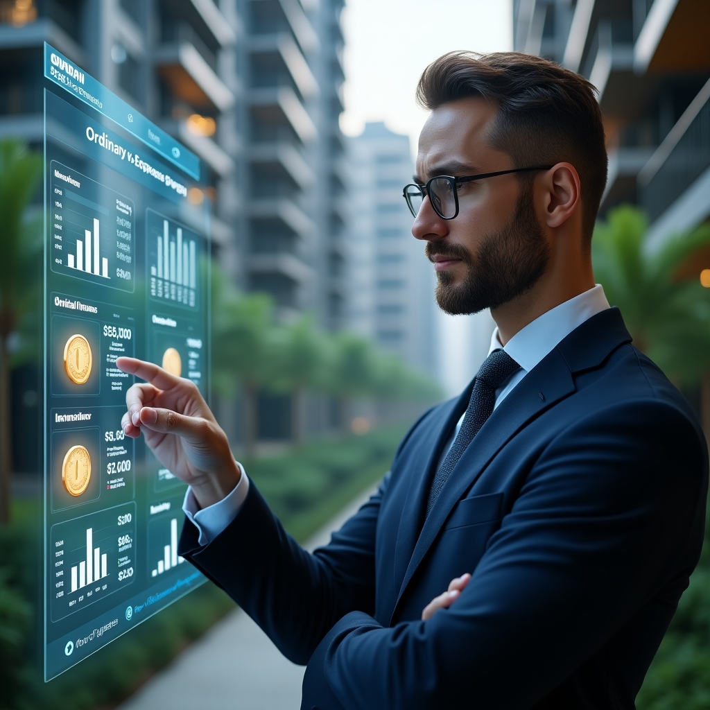 Ultra-realistic condominium manager in a tailored navy blue suit, set in a modern luxury condominium environment with high-rise buildings and lush green landscaping, close-up of the manager examining a holographic financial dashboard illustrating ordinary vs extraordinary expenses, glowing charts and floating icons of coins and alert symbols, thoughtful expression, cinematic lighting, shallow depth of field, highly detailed textures, realistic skin, photographic realism, 8k resolution --ar 1:1 --v 6