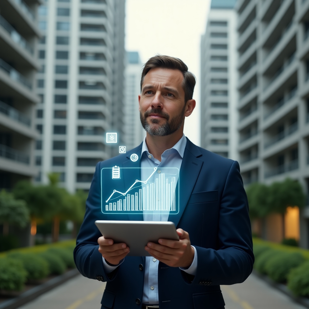 Ultra-realistic condominium manager in a dark blue business suit, set in a modern luxury condominium environment with high-rise buildings and lush green landscaping, holding a tablet displaying holographic charts comparing ordinary vs. extraordinary expenses, floating icons of coins and repair tools symbolizing maintenance and unexpected costs, thoughtful and confident expression, cinematic lighting, shallow depth of field, highly detailed textures, realistic skin, photographic realism, 8k resolution --ar 1:1 --v 6