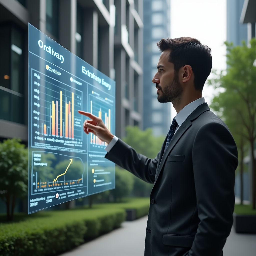 Ultra-realistic condominium manager in a charcoal gray suit, set in a modern luxury condominium environment with high-rise buildings and lush green landscaping, reviewing a floating holographic chart split into ordinary and extraordinary expenses, pointing thoughtfully at the data with a confident expression, glowing budget icons (water drop, hammer) orbiting the display, cinematic lighting, shallow depth of field, highly detailed textures, realistic skin, photographic realism, 8k resolution --ar 1:1 --v 6