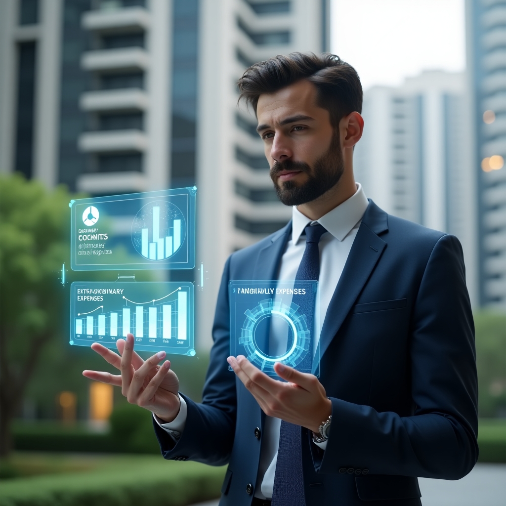 Ultra-realistic condominium manager in a navy blue suit, set in a modern luxury condominium environment with high-rise buildings and green landscaping, standing in a medium shot and comparing two floating holographic financial charts labeled “ordinary expenses” and “extraordinary expenses,” thoughtful and confident expression, holographic money and pie chart icons around, cinematic lighting, shallow depth of field, highly detailed textures, realistic skin, photographic realism, 8k resolution --ar 1:1 --v 6