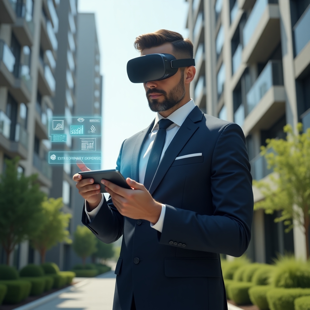 Ultra-realistic condominium manager in a tailored navy executive suit, set in a modern luxury condominium environment with high-rise buildings and lush green landscaping, standing in a mid-shot pose with a confident, analytical expression while holding a transparent tablet displaying holographic icons labeled “Ordinary Expenses” and “Extraordinary Expenses,” with floating holographic charts and document symbols around, cinematic lighting, shallow depth of field, highly detailed textures, realistic skin, photographic realism, 8k resolution --ar 1:1 --v 6