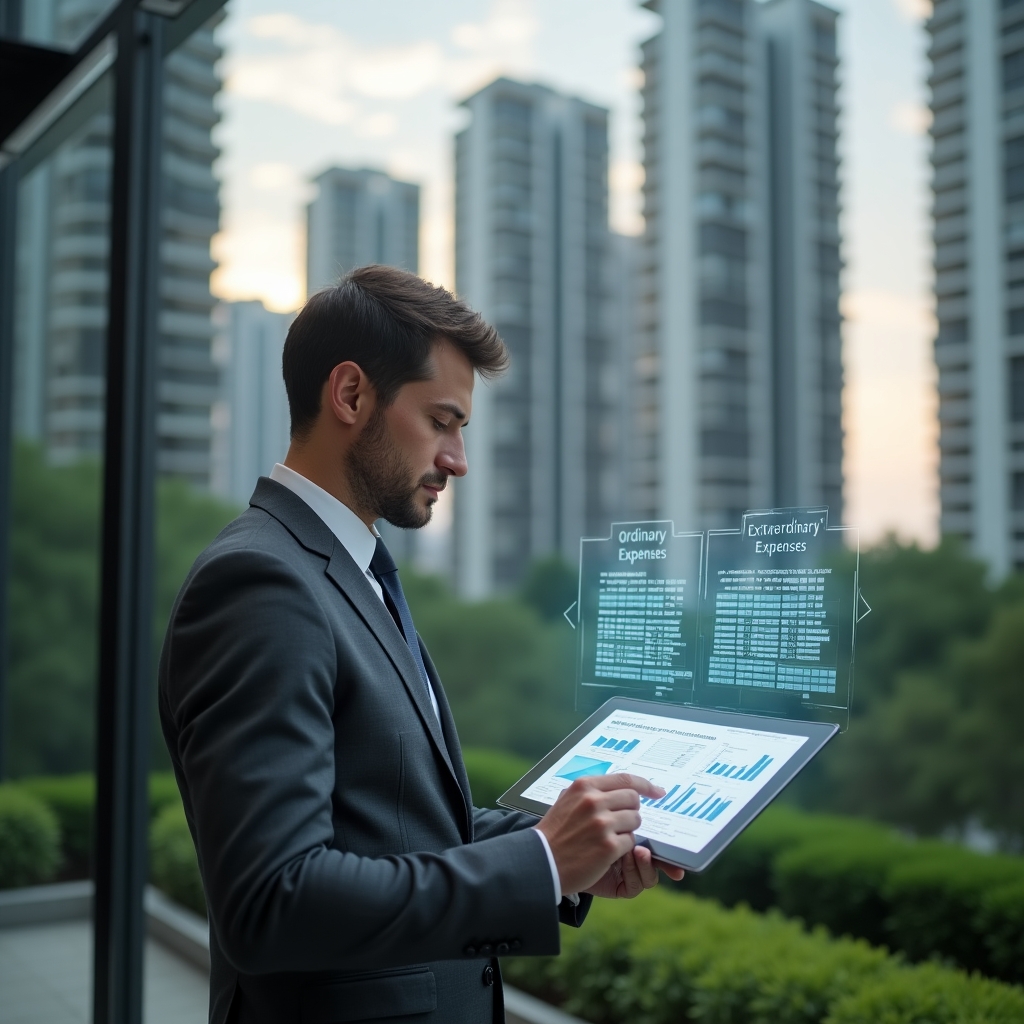 (Ultra-realistic property manager in a charcoal gray business suit, set in a modern luxury condominium environment with high-rise buildings and lush green landscaping, examining holographic financial charts differentiating ordinary vs extraordinary expenses, confident and focused expression, cinematic lighting, shallow depth of field, highly detailed textures, realistic skin, photographic realism, 8k resolution --ar 1:1 --v 6)