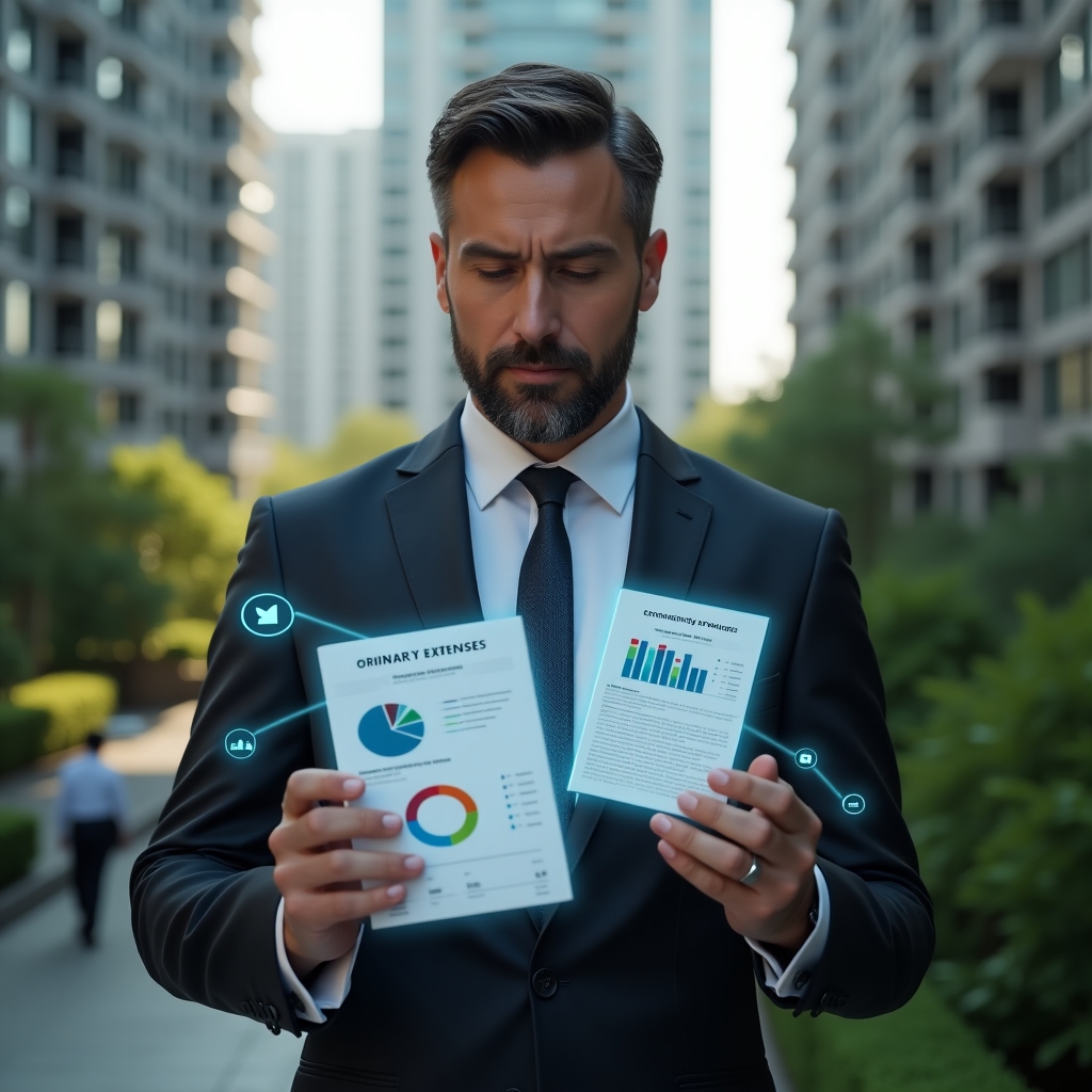 Ultra-realistic condominium manager in a dark charcoal executive suit, set in a modern luxury condominium environment with high-rise buildings and lush green landscaping, analyzing two holographic documents labeled “Ordinary Expenses” vs “Extraordinary Expenses” projected as a floating pie chart between his hands, digital financial icons orbiting around, confident and focused expression, cinematic lighting, shallow depth of field, highly detailed textures, realistic skin, photographic realism, 8k resolution --ar 1:1 --v 6