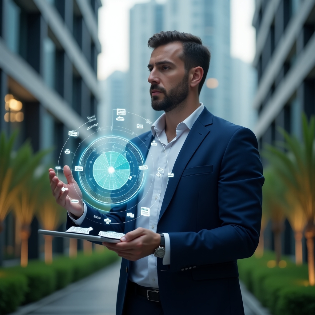 Ultra-realistic condominium manager in a dark blue executive suit, set in a modern luxury condominium environment with high-rise buildings and green landscaping, holding a holographic pie chart displaying ordinary vs extraordinary expenses while confidently analyzing financial data, floating icons of coins and document stacks, cinematic lighting, shallow depth of field, highly detailed textures, realistic skin, photographic realism, 8k resolution --ar 1:1 --v 6