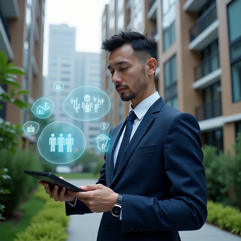 (Ultra-realistic condominium manager in a tailored navy blue suit, set in a modern luxury condominium environment with high-rise buildings and lush green landscaping, holding a digital tablet and presenting floating holographic community icons and chat bubbles representing harmonious coexistence, cinematic lighting, shallow depth of field, highly detailed textures, realistic skin, photographic realism, 8k resolution --ar 1:1 --v 6)