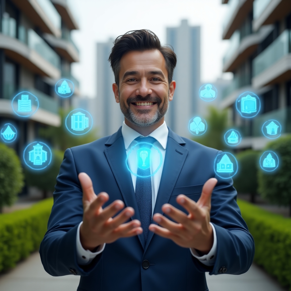 (Ultra-realistic condominium manager in a navy blue suit, set in a modern luxury condominium environment with high-rise buildings and manicured green landscaping, interacting with floating holographic icons representing the ten commandments of community harmony and an intuitive condo management app, conveying a confident and welcoming expression, cinematic lighting, shallow depth of field, highly detailed textures, realistic skin, photographic realism, 8k resolution --ar 1:1 --v 6)