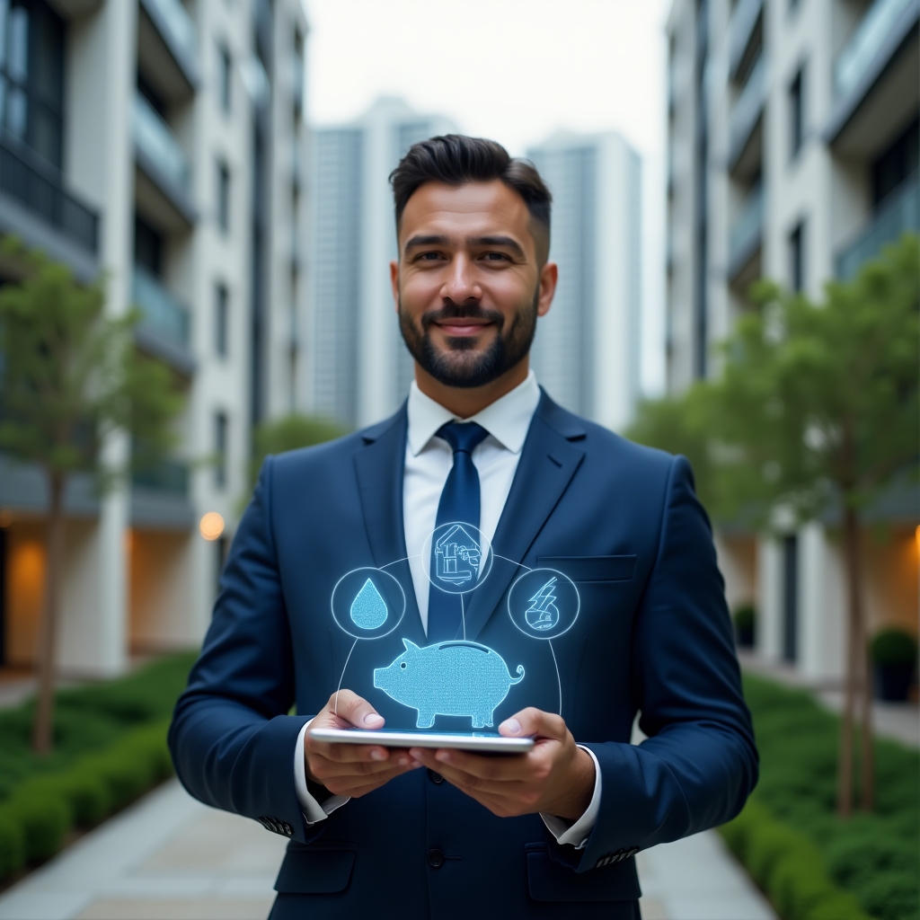 Ultra-realistic condominium manager in a navy blue tailored suit, set in a modern luxury condominium environment with high-rise buildings and manicured green landscaping, medium shot of a confident professional holding a digital tablet displaying holographic icons of water drops, electricity bolts and a piggy bank symbolizing cost reduction, cinematic lighting, shallow depth of field, highly detailed textures, realistic skin, photographic realism, 8k resolution --ar 1:1 --v 6