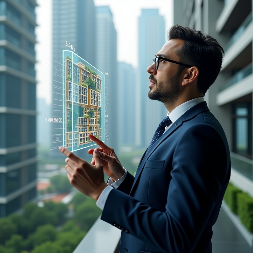 Ultra-realistic condominium manager in a navy blue suit, set in a modern luxury condominium environment with high-rise buildings and green landscaping, examining a floating holographic building model divided into colored fractional segments with percentage labels, pointing thoughtfully at the hologram, cinematic lighting, shallow depth of field, highly detailed textures, realistic skin, photographic realism, 8k resolution --ar 1:1 --v 6