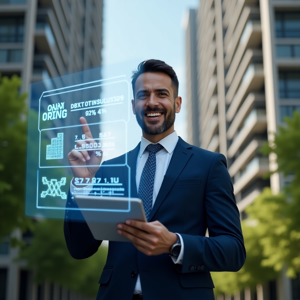 Ultra-realistic property manager in a tailored navy blue suit, set in a modern luxury condominium environment with high-rise buildings and lush green landscaping, mid-shot of the manager with a confident, focused expression holding a digital tablet and pointing at a floating holographic chart of fractional ownership percentages, surrounded by glowing percentage icons and cost distribution graphics, cinematic lighting, shallow depth of field, highly detailed textures, realistic skin, photographic realism, 8k resolution --ar 1:1 --v 6