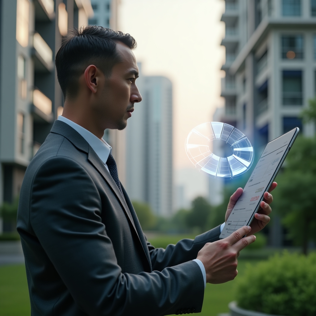 Ultra-realistic professional condominium manager in a charcoal gray suit, set in a modern luxury condominium environment with high-rise buildings and lush green landscaping, thoughtfully analyzing a holographic pie chart representing fraction ideal calculations, with floating 3D fraction diagrams, cinematic lighting, shallow depth of field, highly detailed textures, realistic skin, photographic realism, 8k resolution --ar 1:1 --v 6