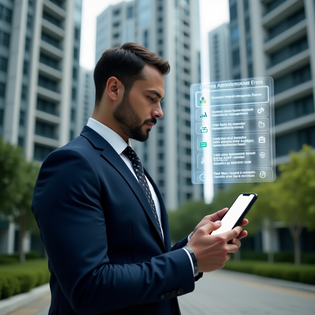Ultra-realistic condo manager in a tailored navy suit, set in a modern luxury condominium environment with high-rise buildings and manicured green landscaping, analyzing a floating holographic checklist of common administration errors and holding a smartphone displaying a sleek property management app interface, focused and confident expression, cinematic lighting, shallow depth of field, highly detailed textures, realistic skin, photographic realism, 8k resolution --ar 1:1 --v 6