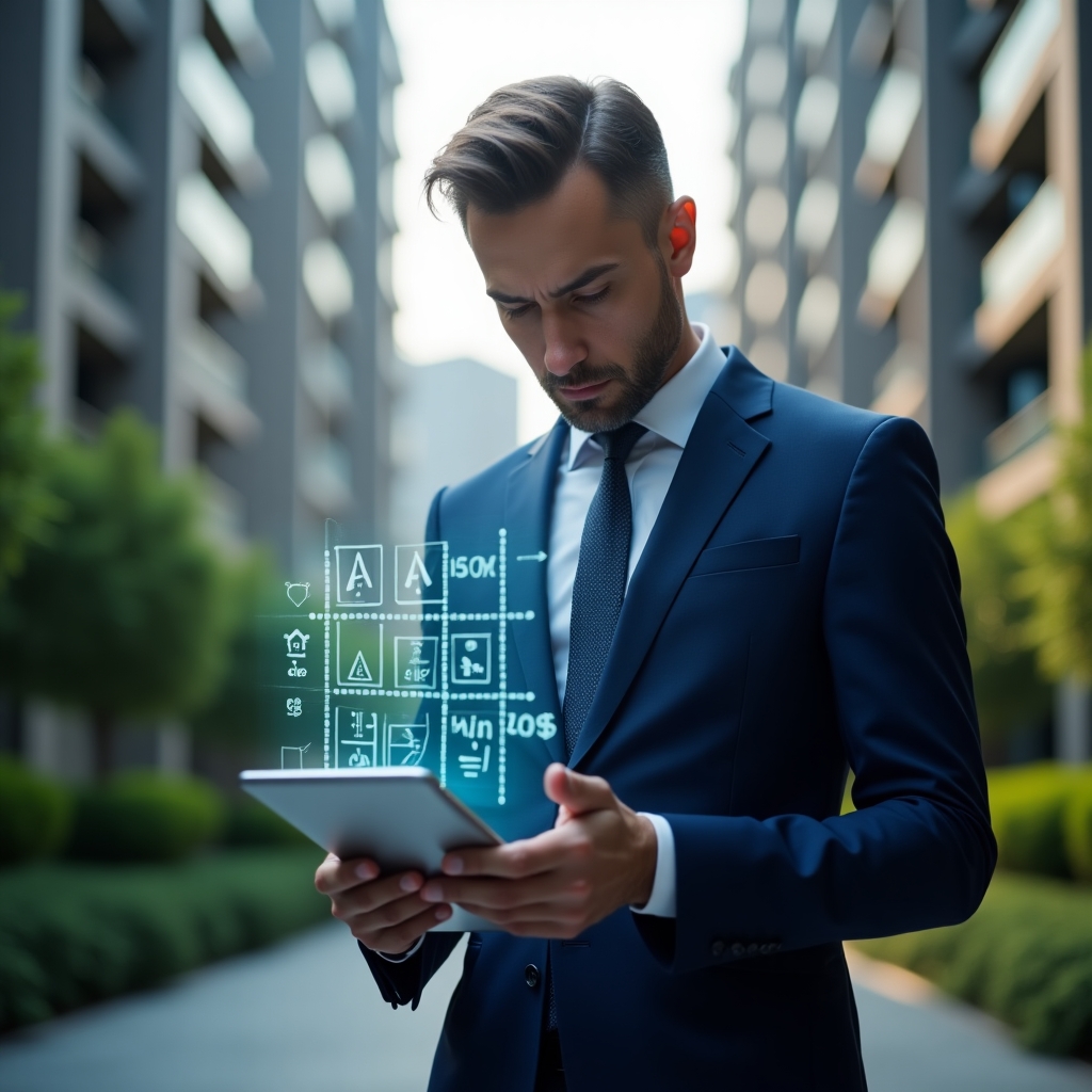 (Ultra-realistic condominium manager in a navy blue tailored suit, set in a modern luxury condominium environment with high-rise buildings and lush green landscaping, examining a holographic checklist projected from a tablet with warning icons and a floating scales of justice symbol, serious and focused expression, cinematic lighting, shallow depth of field, highly detailed textures, realistic skin, photographic realism, 8k resolution --ar 1:1 --v 6)