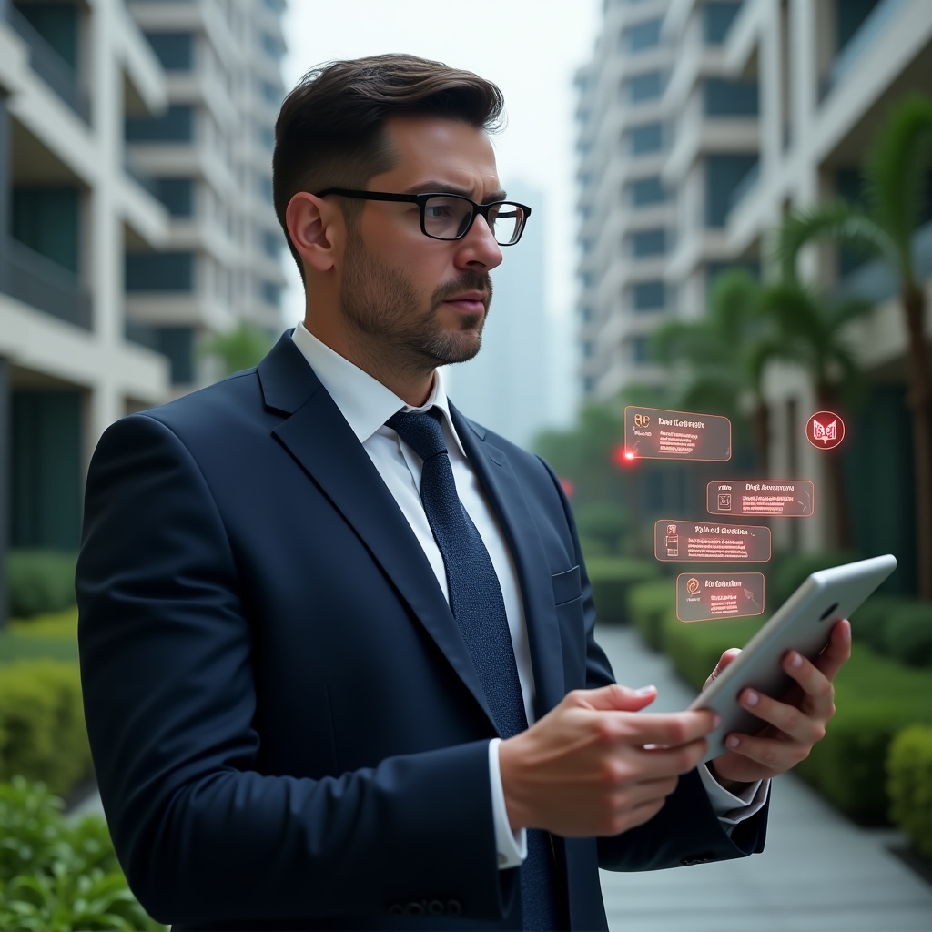 Ultra-realistic condominium manager in a tailored navy suit, set in a modern luxury condominium environment with high-rise buildings and lush green landscaping, reviewing a holographic risk assessment checklist with red alert icons floating around, thoughtful and focused expression, cinematic lighting, shallow depth of field, highly detailed textures, realistic skin, photographic realism, 8k resolution --ar 1:1 --v 6