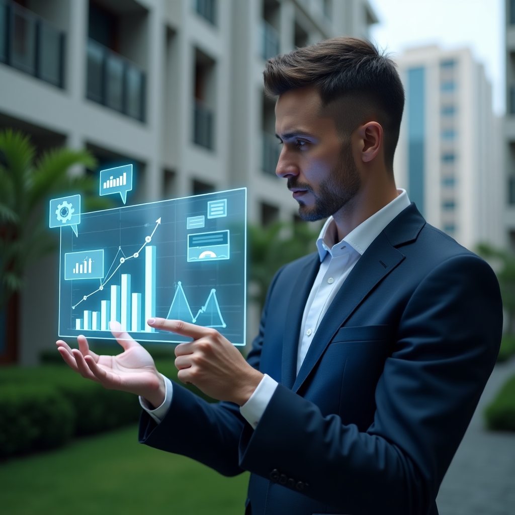 Ultra-realistic condominium manager in a tailored navy suit, set in a modern luxury condominium environment with high-rise buildings and green landscaping, close-up shot of a thoughtful manager analyzing a holographic dashboard displaying communication speech bubbles, financial charts, maintenance tools and transparency icons, pointing at a floating financial graph hologram, cinematic lighting, shallow depth of field, highly detailed textures, realistic skin, photographic realism, 8k resolution --ar 1:1 --v 6