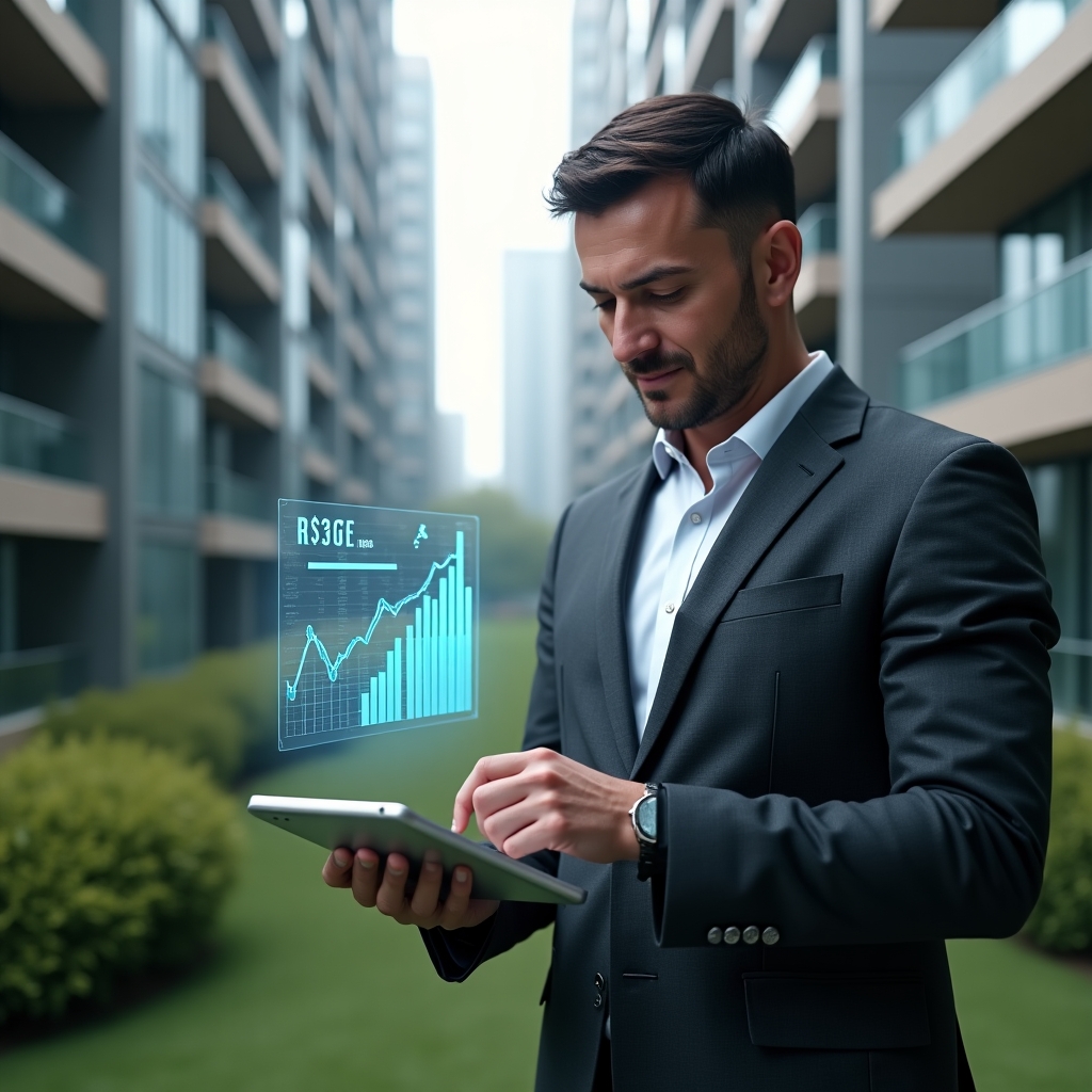 (Ultra-realistic condo manager in a charcoal gray executive suit, set in a modern luxury condominium environment with high-rise glass buildings and manicured green landscaping, reviewing holographic financial charts floating above a tablet with a focused and confident expression, a translucent ledger icon glowing beside them, cinematic lighting, shallow depth of field, highly detailed textures, realistic skin, photographic realism, 8k resolution --ar 1:1 --v 6)