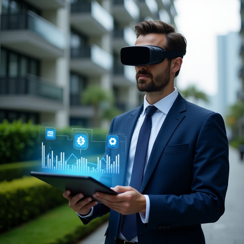 (Ultra-realistic condominium manager in a navy blue suit, set in a modern luxury condominium environment with high-rise buildings and manicured green landscaping, medium shot of a focused professional reviewing a holographic dashboard on a tablet and gesturing towards floating icons of a financial chart, chat bubble, and gear, conveying confidence and expertise, cinematic lighting, shallow depth of field, highly detailed textures, realistic skin, photographic realism, 8k resolution --ar 1:1 --v 6)