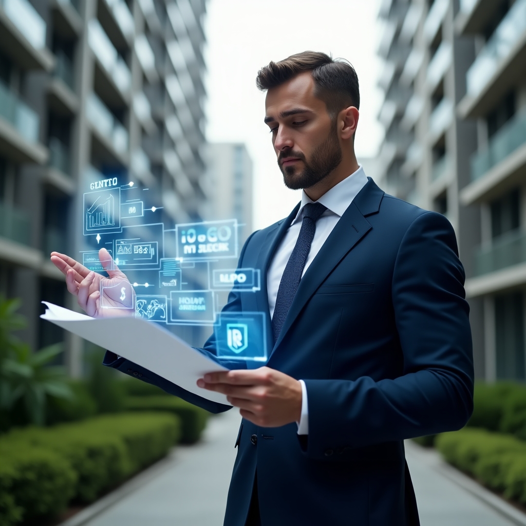 (Ultra-realistic condominium manager in a navy blue suit, set in a modern luxury condominium environment with high-rise buildings and green landscaping, reviewing digital documents and pointing at floating holographic charts and icons symbolizing financial transparency and maintenance tasks, confident and analytical expression, cinematic lighting, shallow depth of field, highly detailed textures, realistic skin, photographic realism, 8k resolution --ar 1:1 --v 6)