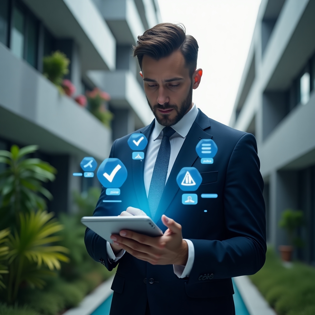 Ultra-realistic condominium manager in a navy blue executive suit, set in a modern luxury condominium environment with high-rise buildings and lush green landscaping, inspecting holographic financial reports projected from a tablet, with floating 3D icons of check marks and warning symbols symbolizing accounting errors and transparency, cinematic lighting, shallow depth of field, highly detailed textures, realistic skin, photographic realism, 8k resolution --ar 1:1 --v 6