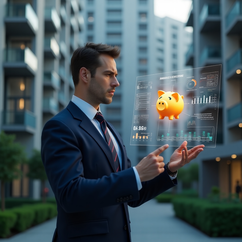 Ultra-realistic condominium manager in a navy blue suit, set in a modern luxury condominium environment with high-rise buildings and green landscaping, reviewing holographic financial charts and pointing at a glowing golden piggy bank icon to symbolize budget pitfalls, serious and confident expression, cinematic lighting, shallow depth of field, highly detailed textures, realistic skin, photographic realism, 8k resolution --ar 1:1 --v 6