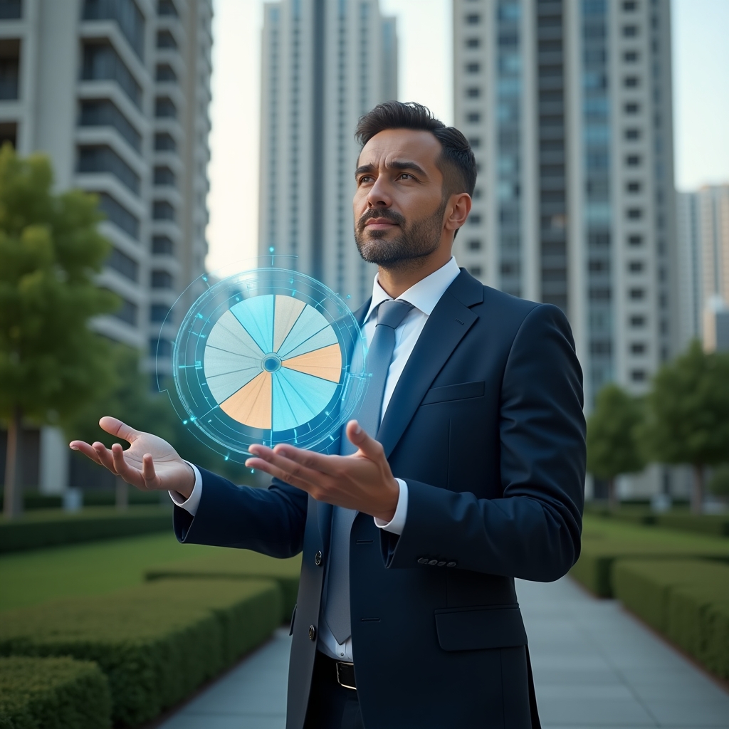(Ultra-realistic condominium manager in a tailored navy suit, set in a modern luxury condominium environment with high-rise buildings and lush green landscaping, interacting with a holographic pie chart representing unit fractions, confident and thoughtful expression, cinematic lighting, shallow depth of field, highly detailed textures, realistic skin, photographic realism, 8k resolution --ar 1:1 --v 6)