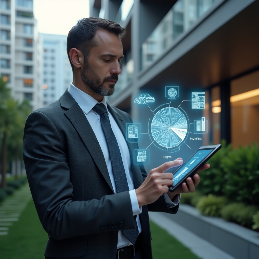 Ultra-realistic condominium manager in a charcoal grey suit, set in a modern luxury condominium environment with high-rise buildings and green landscaping, mid-shot holding a tablet projecting a holographic pie chart of unit fractions, confidently pointing at the chart, holographic blueprint overlays showing apartment layouts and percentage labels, cinematic lighting, shallow depth of field, highly detailed textures, realistic skin, photographic realism, 8k resolution --ar 1:1 --v 6