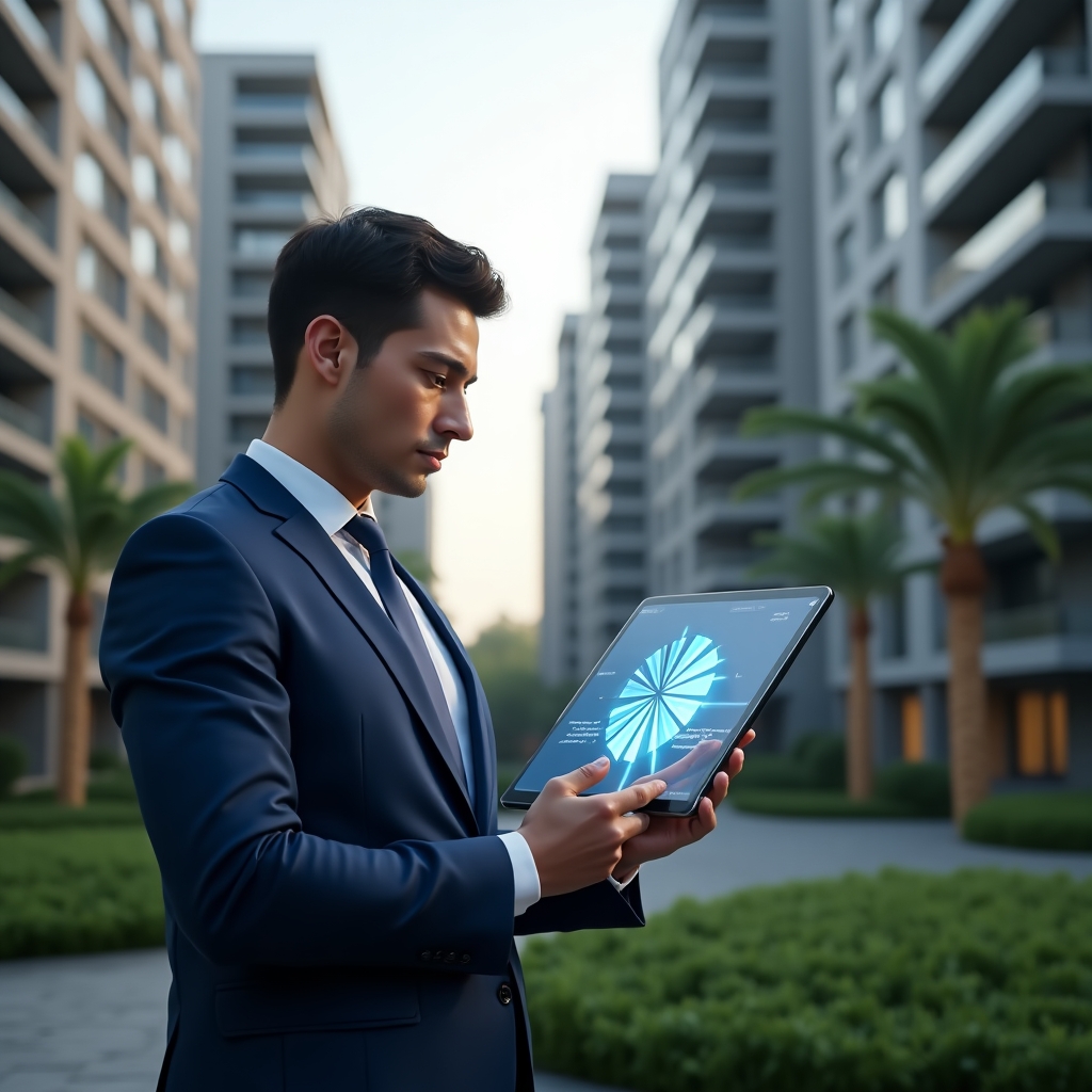Ultra-realistic condominium manager in a navy blue suit, set in a modern luxury condominium environment with high-rise buildings and well-manicured green landscaping, holding a tablet displaying a holographic pie chart illustrating fractional ownership and expense splits, confidently analyzing data, cinematic lighting, shallow depth of field, highly detailed textures, realistic skin, photographic realism, 8k resolution --ar 1:1 --v 6