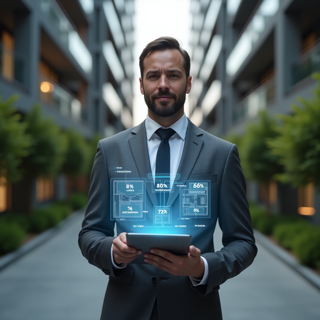 (Ultra-realistic condominium manager in a charcoal gray suit, set in a modern luxury condominium environment with high-rise buildings and manicured green landscaping, holding a digital tablet projecting holographic pie charts and floor plans with percentage markers representing fractional ideal, medium shot, expression confident and analytical, cinematic lighting, photographic realism, shallow depth of field, highly detailed textures, realistic skin, 8k resolution --ar 1:1 --v 6)