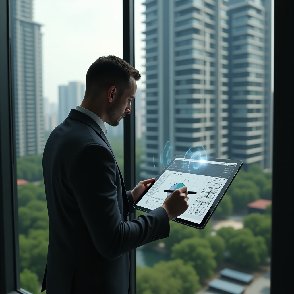 Ultra-realistic condominium manager in a charcoal gray tailored suit, set in a modern luxury condominium environment with high-rise buildings and lush green landscaping visible through glass walls, medium shot of him thoughtfully analyzing a tablet projecting a holographic pie chart of fractional ideal percentages, pen in hand over architectural floor plans, cinematic lighting, shallow depth of field, highly detailed textures, realistic skin, photographic realism, 8k resolution --ar 1:1 --v 6