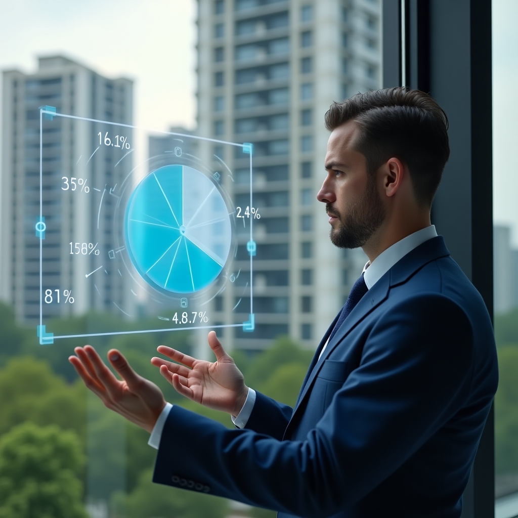 Ultra-realistic condominium manager in a navy blue business suit, set in a modern luxury condominium environment with high-rise buildings and green landscaping, examining a floating holographic pie chart and percentage symbols representing ideal fraction calculations, confidently analyzing figures, cinematic lighting, shallow depth of field, highly detailed textures, realistic skin, photographic realism, 8k resolution --ar 1:1 --v 6