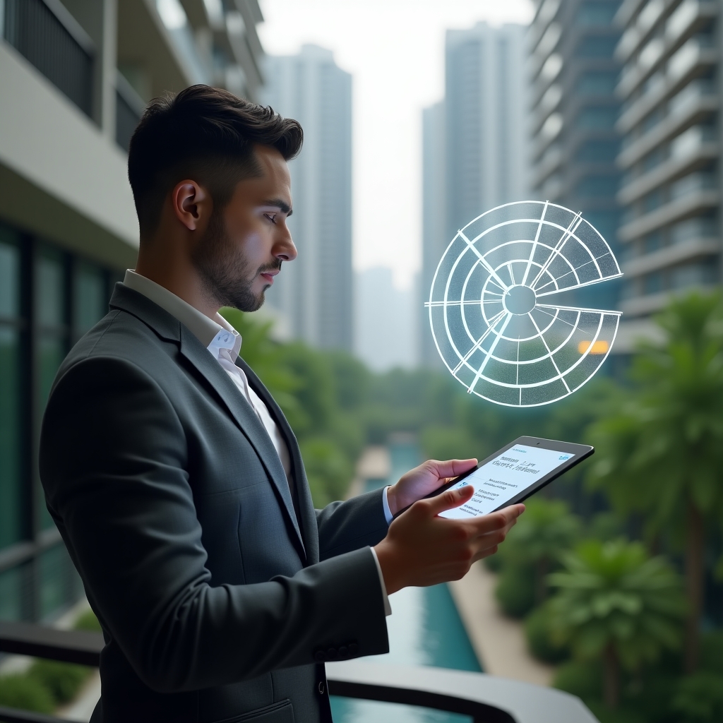 Ultra-realistic condominium manager in a charcoal gray tailored suit, set in a modern luxury condominium environment with high-rise buildings and lush green landscaping, thoughtfully analyzing a floating holographic pie chart of unit fractions, holding a sleek tablet displaying financial breakdowns, cinematic lighting, shallow depth of field, highly detailed textures, realistic skin, photographic realism, 8k resolution --ar 1:1 --v 6
